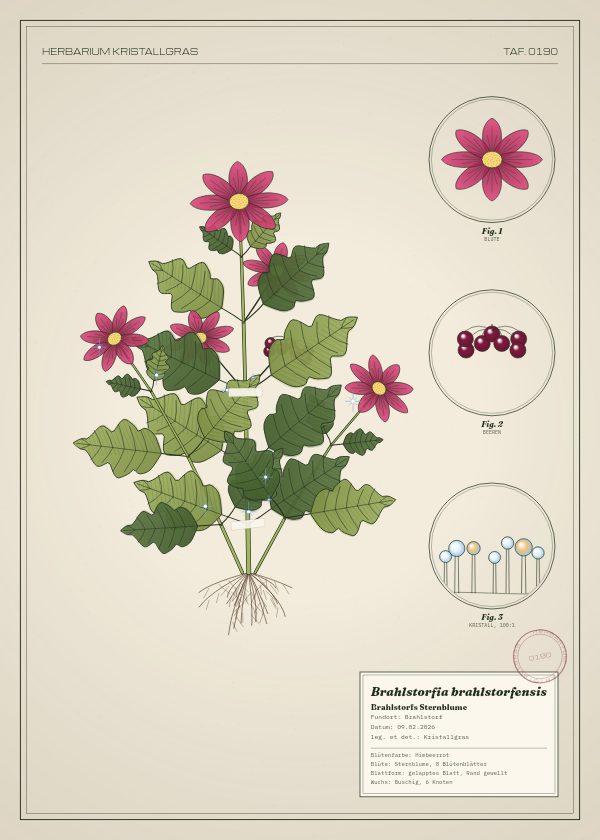 Botanische Tafel: Brahlstorfia brahlstorfensis, eine erfundene Pflanze aus Brahlstorf, gezeichnet wie in einem alten Pflanzenatlas