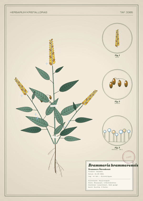 Botanische Tafel: Brammeria brammerensis, eine erfundene Pflanze aus Brammer, gezeichnet wie in einem alten Pflanzenatlas