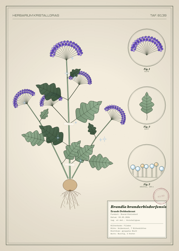 Botanische Tafel: Brandia branderbisdorfensis, eine erfundene Pflanze aus Brand-Erbisdorf, gezeichnet wie in einem alten Pflanzenatlas