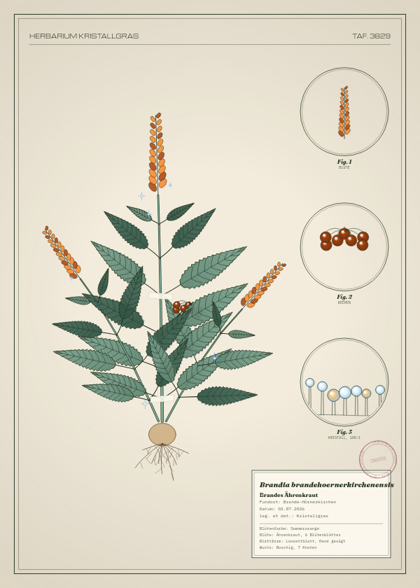 Botanische Tafel: Brandia brandehoernerkirchenensis, eine erfundene Pflanze aus Brande-Hörnerkirchen, gezeichnet wie in einem alten Pflanzenatlas
