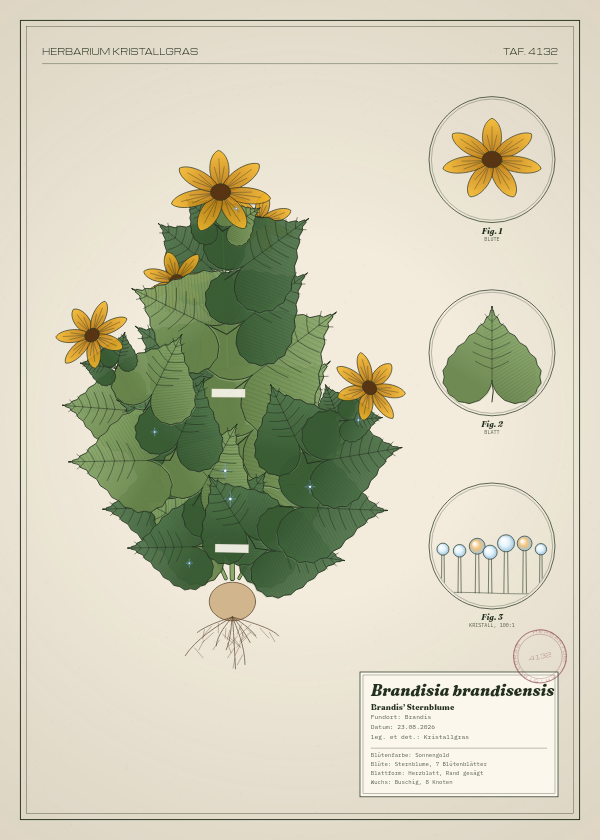 Botanische Tafel: Brandisia brandisensis, eine erfundene Pflanze aus Brandis, gezeichnet wie in einem alten Pflanzenatlas