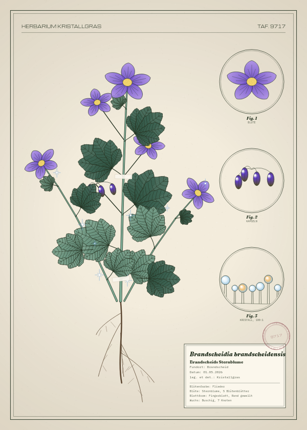 Botanische Tafel: Brandscheidia brandscheidensis, eine erfundene Pflanze aus Brandscheid, gezeichnet wie in einem alten Pflanzenatlas
