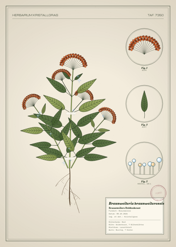 Botanische Tafel: Braunweileria braunweilerensis, eine erfundene Pflanze aus Braunweiler, gezeichnet wie in einem alten Pflanzenatlas