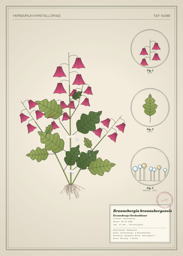 Botanische Tafel: Braunebergia braunebergensis, eine erfundene Pflanze aus Brauneberg, gezeichnet wie in einem alten Pflanzenatlas