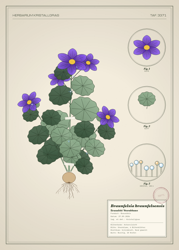 Botanische Tafel: Braunfelsia braunfelsensis, eine erfundene Pflanze aus Braunfels, gezeichnet wie in einem alten Pflanzenatlas