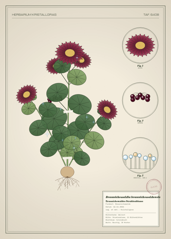 Botanische Tafel: Braunichswaldia braunichswaldensis, eine erfundene Pflanze aus Braunichswalde, gezeichnet wie in einem alten Pflanzenatlas