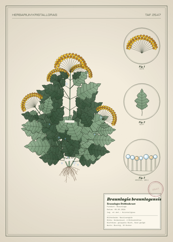 Botanische Tafel: Braunlagia braunlagensis, eine erfundene Pflanze aus Braunlage, gezeichnet wie in einem alten Pflanzenatlas