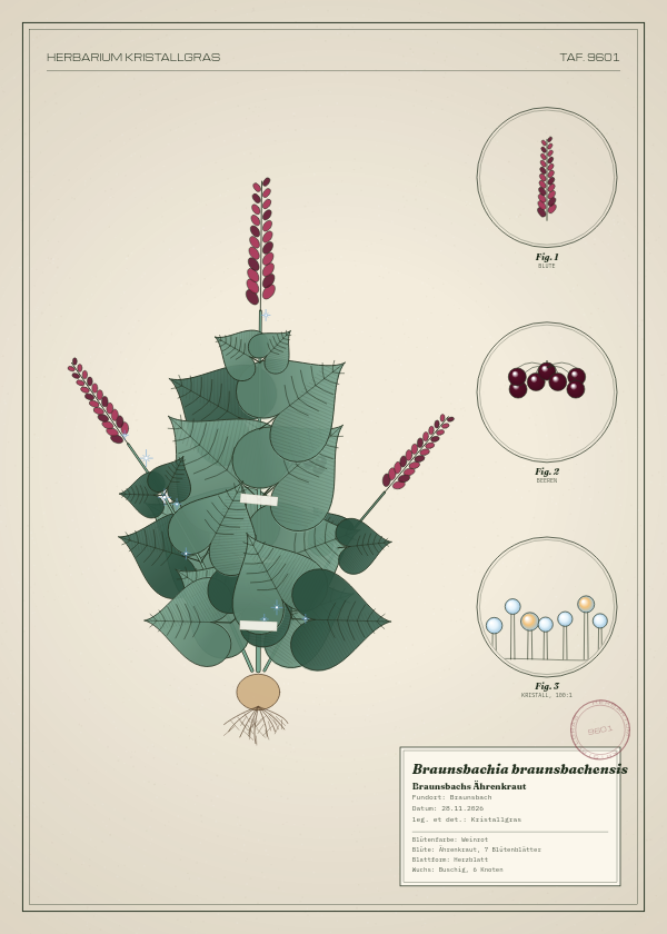 Botanische Tafel: Braunsbachia braunsbachensis, eine erfundene Pflanze aus Braunsbach, gezeichnet wie in einem alten Pflanzenatlas