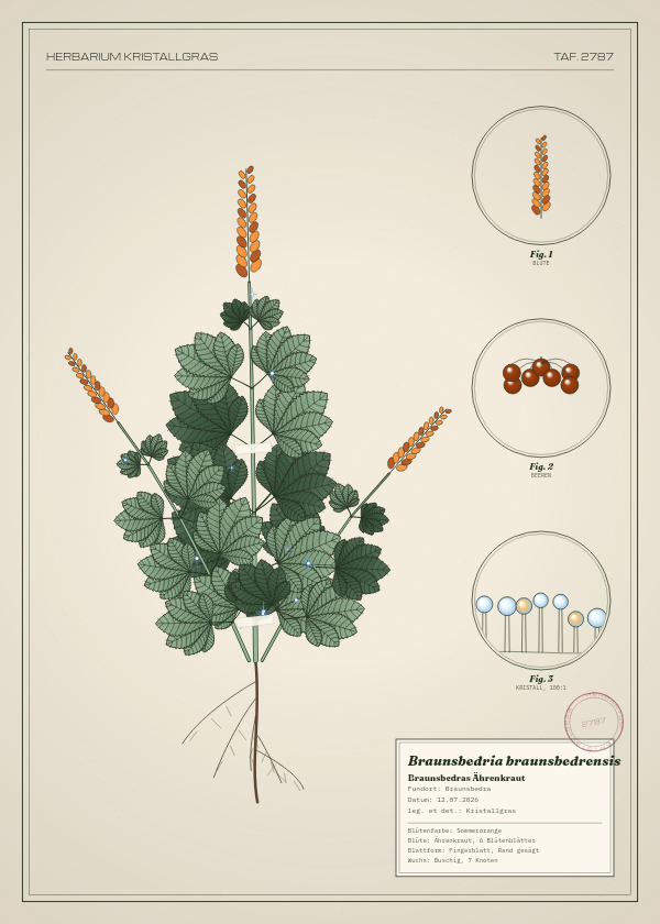 Botanische Tafel: Braunsbedria braunsbedrensis, eine erfundene Pflanze aus Braunsbedra, gezeichnet wie in einem alten Pflanzenatlas