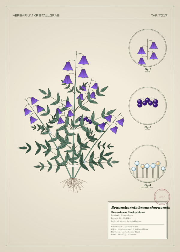 Botanische Tafel: Braunshornia braunshornensis, eine erfundene Pflanze aus Braunshorn, gezeichnet wie in einem alten Pflanzenatlas