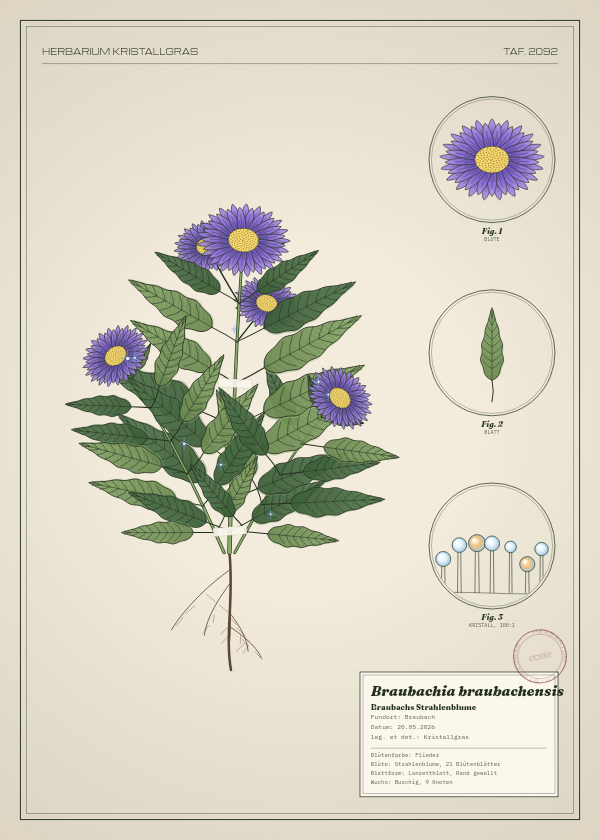 Botanische Tafel: Braubachia braubachensis, eine erfundene Pflanze aus Braubach, gezeichnet wie in einem alten Pflanzenatlas