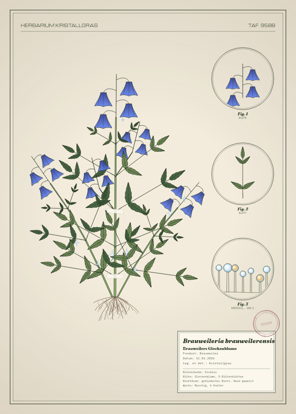 Botanische Tafel: Brauweileria brauweilerensis, eine erfundene Pflanze aus Brauweiler, gezeichnet wie in einem alten Pflanzenatlas