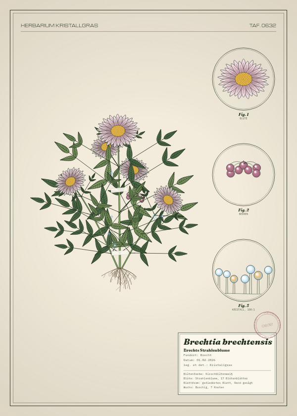 Botanische Tafel: Brechtia brechtensis, eine erfundene Pflanze aus Brecht, gezeichnet wie in einem alten Pflanzenatlas