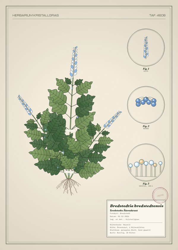 Botanische Tafel: Bredstedtia bredstedtensis, eine erfundene Pflanze aus Bredstedt, gezeichnet wie in einem alten Pflanzenatlas