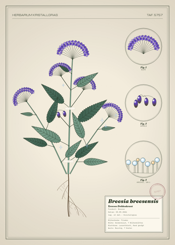 Botanische Tafel: Breesia breesensis, eine erfundene Pflanze aus Breese, gezeichnet wie in einem alten Pflanzenatlas