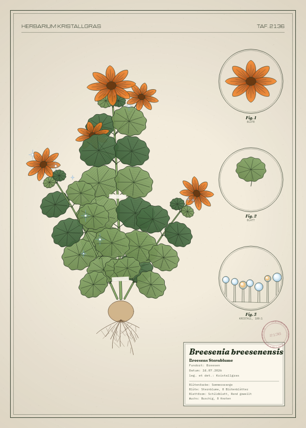 Botanische Tafel: Breesenia breesenensis, eine erfundene Pflanze aus Breesen, gezeichnet wie in einem alten Pflanzenatlas