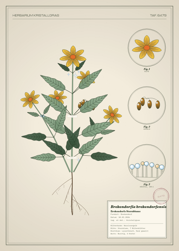 Botanische Tafel: Brekendorfia brekendorfensis, eine erfundene Pflanze aus Brekendorf, gezeichnet wie in einem alten Pflanzenatlas