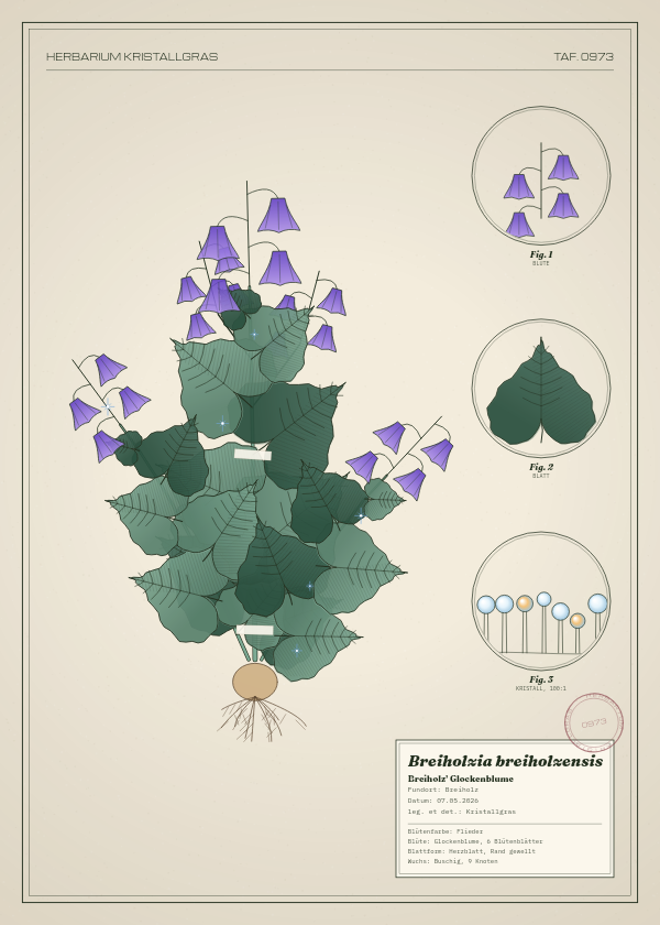 Botanische Tafel: Breiholzia breiholzensis, eine erfundene Pflanze aus Breiholz, gezeichnet wie in einem alten Pflanzenatlas