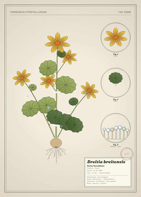 Botanische Tafel: Breitia breitensis, eine erfundene Pflanze aus Breit, gezeichnet wie in einem alten Pflanzenatlas