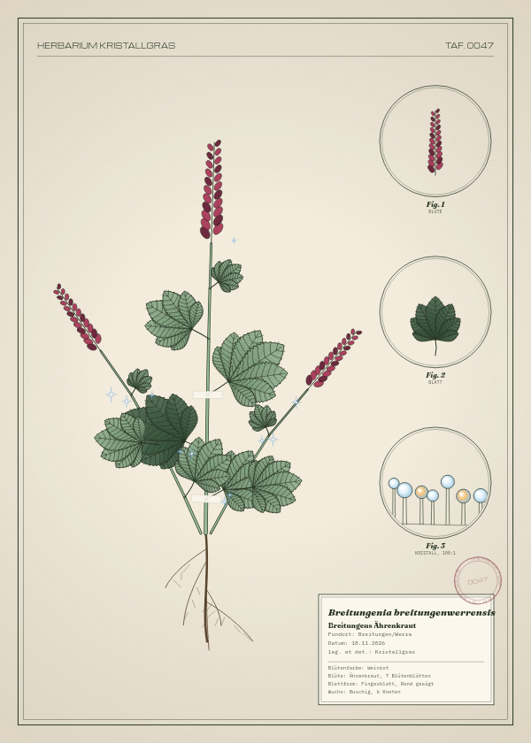 Botanische Tafel: Breitungenia breitungenwerrensis, eine erfundene Pflanze aus Breitungen/Werra, gezeichnet wie in einem alten Pflanzenatlas