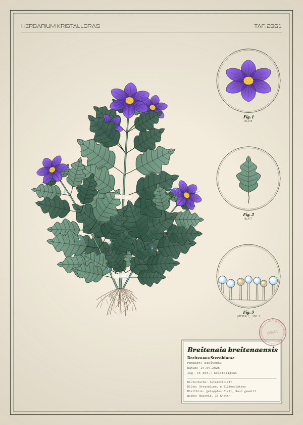 Botanische Tafel: Breitenaia breitenaensis, eine erfundene Pflanze aus Breitenau, gezeichnet wie in einem alten Pflanzenatlas