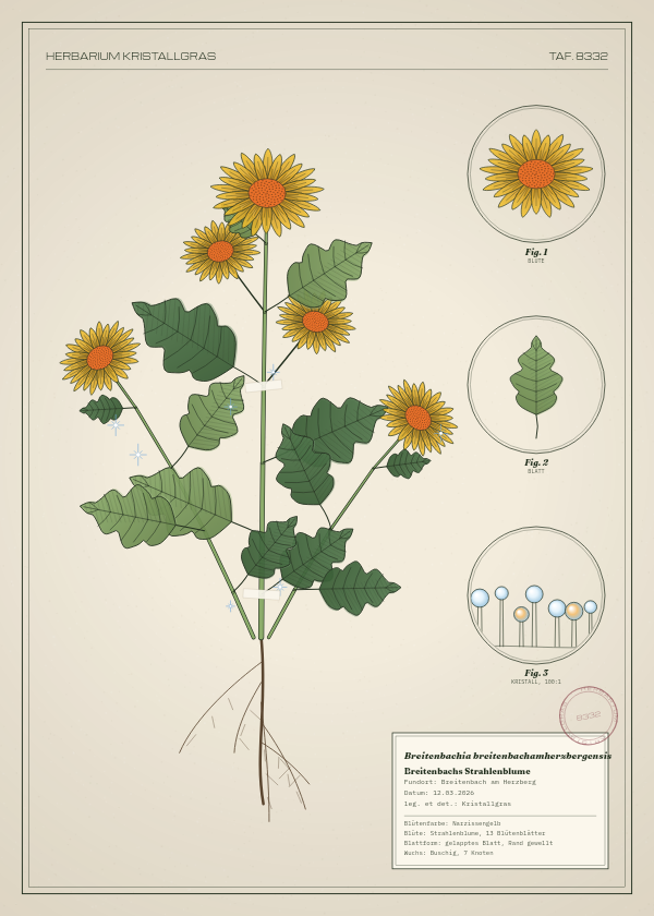 Botanische Tafel: Breitenbachia breitenbachamherzbergensis, eine erfundene Pflanze aus Breitenbach am Herzberg, gezeichnet wie in einem alten Pflanzenatlas
