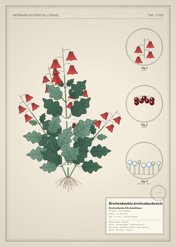Botanische Tafel: Breitenbachia breitenbachensis, eine erfundene Pflanze aus Breitenbach, gezeichnet wie in einem alten Pflanzenatlas