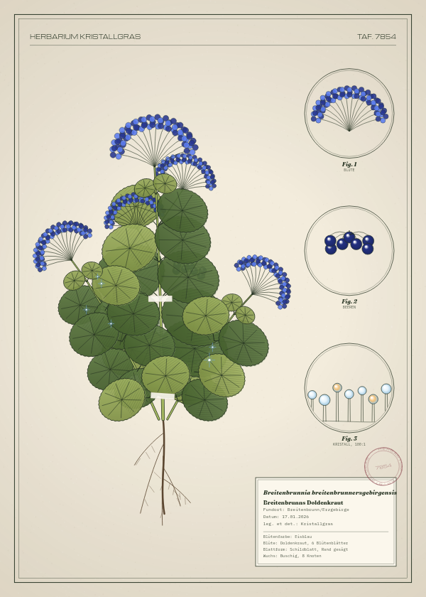 Botanische Tafel: Breitenbrunnia breitenbrunnerzgebirgensis, eine erfundene Pflanze aus Breitenbrunn/Erzgebirge, gezeichnet wie in einem alten Pflanzenatlas