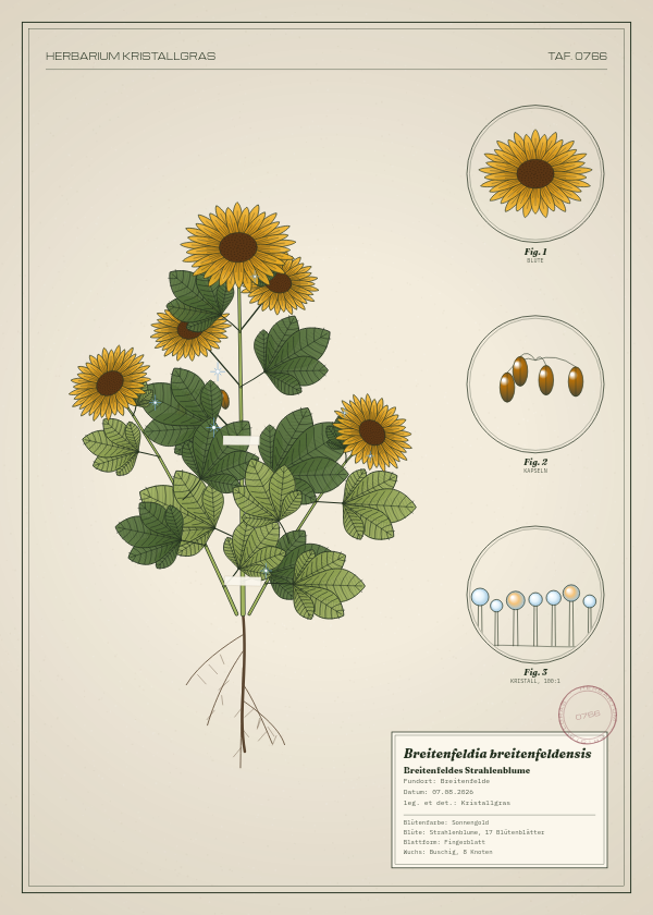 Botanische Tafel: Breitenfeldia breitenfeldensis, eine erfundene Pflanze aus Breitenfelde, gezeichnet wie in einem alten Pflanzenatlas