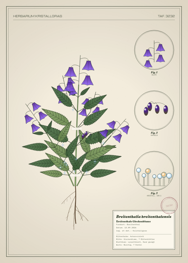 Botanische Tafel: Breitenthalia breitenthalensis, eine erfundene Pflanze aus Breitenthal, gezeichnet wie in einem alten Pflanzenatlas