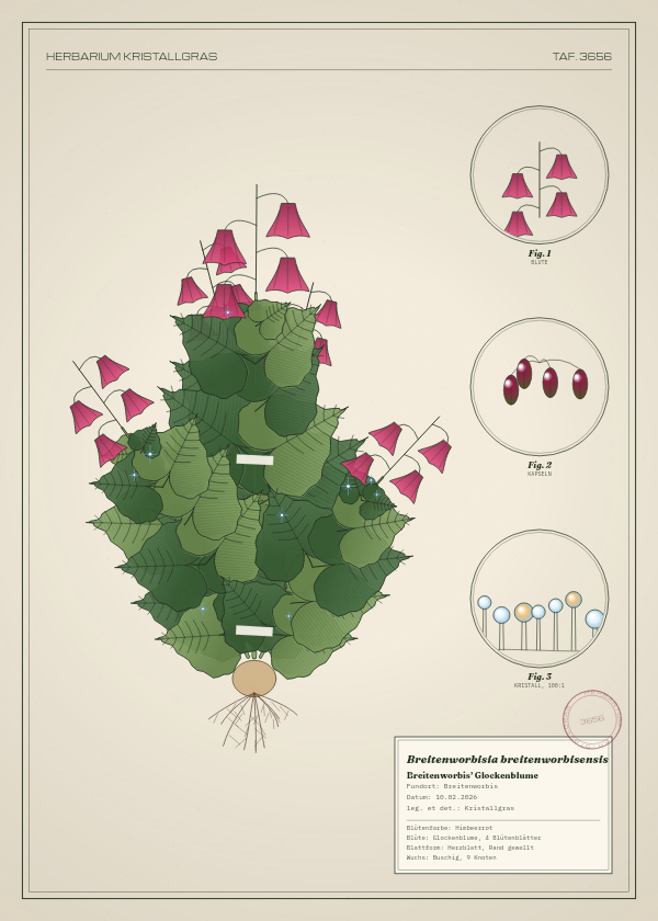 Botanische Tafel: Breitenworbisia breitenworbisensis, eine erfundene Pflanze aus Breitenworbis, gezeichnet wie in einem alten Pflanzenatlas