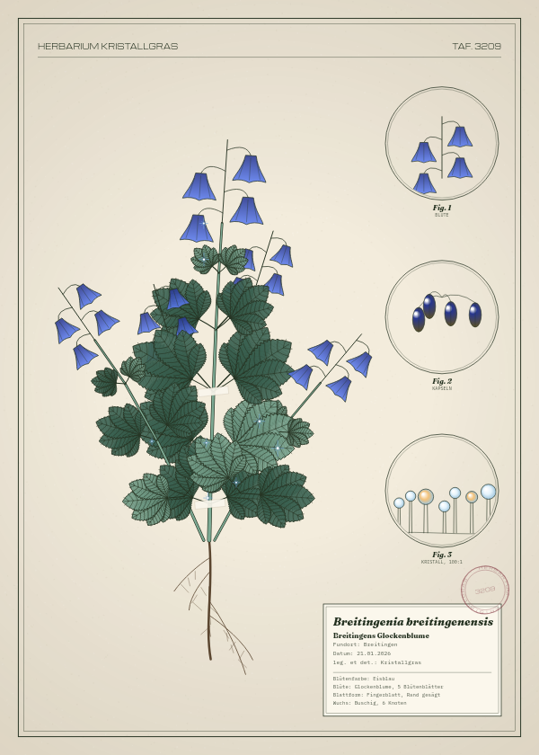 Botanische Tafel: Breitingenia breitingenensis, eine erfundene Pflanze aus Breitingen, gezeichnet wie in einem alten Pflanzenatlas