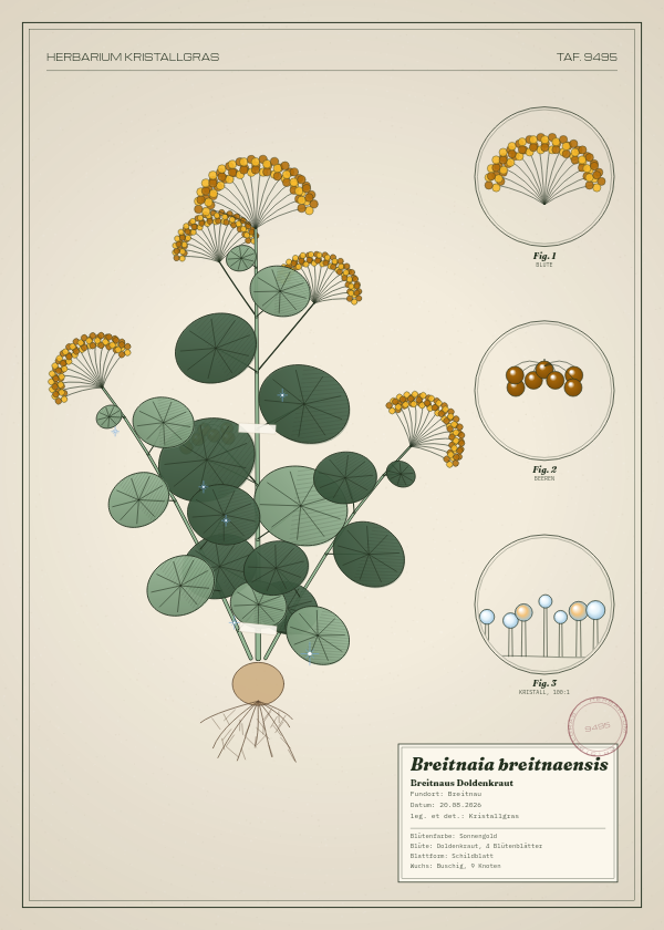 Botanische Tafel: Breitnaia breitnaensis, eine erfundene Pflanze aus Breitnau, gezeichnet wie in einem alten Pflanzenatlas