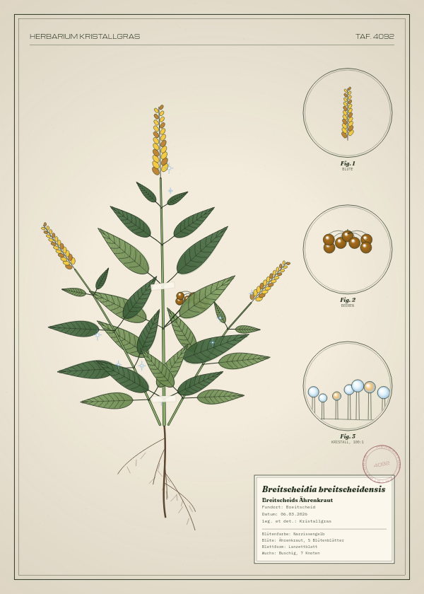 Botanische Tafel: Breitscheidia breitscheidensis, eine erfundene Pflanze aus Breitscheid, gezeichnet wie in einem alten Pflanzenatlas