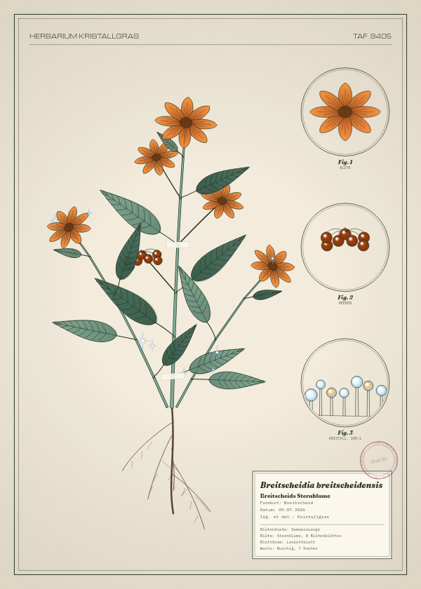 Botanische Tafel: Breitscheidia breitscheidensis, eine erfundene Pflanze aus Breitscheid, gezeichnet wie in einem alten Pflanzenatlas