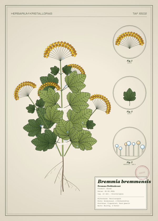 Botanische Tafel: Bremmia bremmensis, eine erfundene Pflanze aus Bremm, gezeichnet wie in einem alten Pflanzenatlas