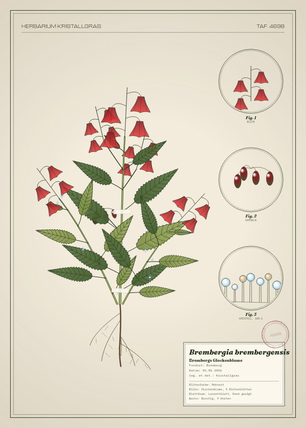 Botanische Tafel: Brembergia brembergensis, eine erfundene Pflanze aus Bremberg, gezeichnet wie in einem alten Pflanzenatlas