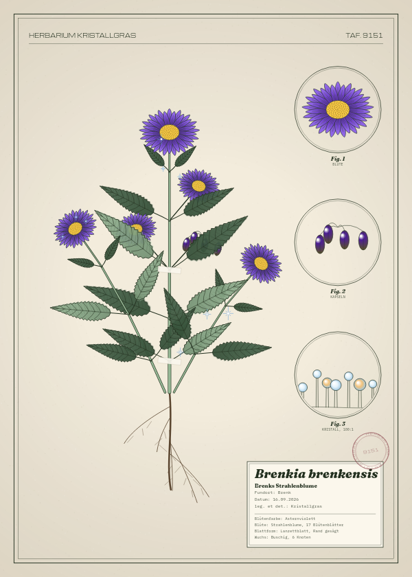 Botanische Tafel: Brenkia brenkensis, eine erfundene Pflanze aus Brenk, gezeichnet wie in einem alten Pflanzenatlas
