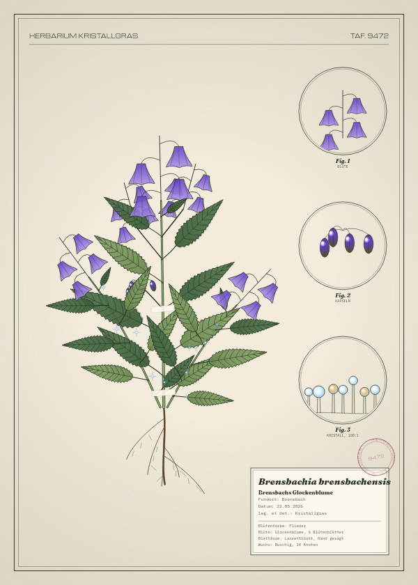 Botanische Tafel: Brensbachia brensbachensis, eine erfundene Pflanze aus Brensbach, gezeichnet wie in einem alten Pflanzenatlas