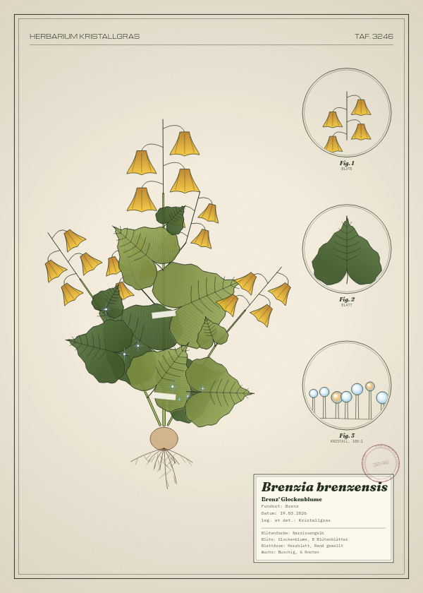 Botanische Tafel: Brenzia brenzensis, eine erfundene Pflanze aus Brenz, gezeichnet wie in einem alten Pflanzenatlas