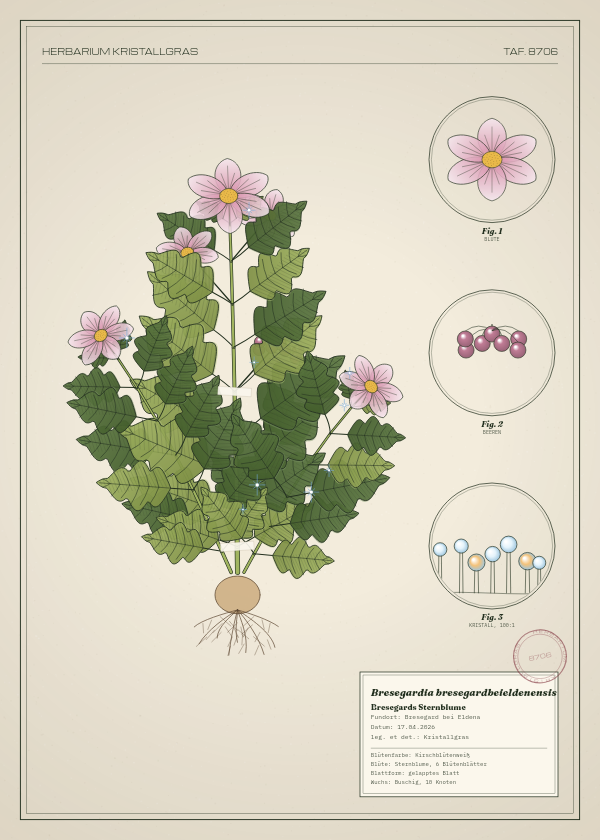 Botanische Tafel: Bresegardia bresegardbeieldenensis, eine erfundene Pflanze aus Bresegard bei Eldena, gezeichnet wie in einem alten Pflanzenatlas