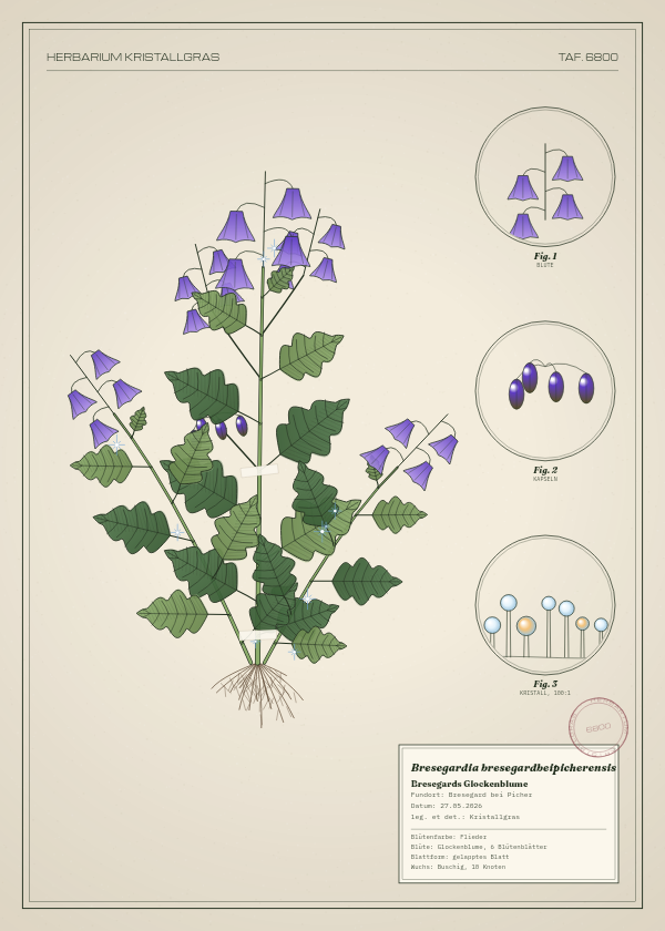 Botanische Tafel: Bresegardia bresegardbeipicherensis, eine erfundene Pflanze aus Bresegard bei Picher, gezeichnet wie in einem alten Pflanzenatlas