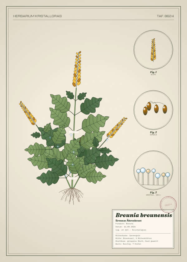 Botanische Tafel: Breunia breunensis, eine erfundene Pflanze aus Breuna, gezeichnet wie in einem alten Pflanzenatlas
