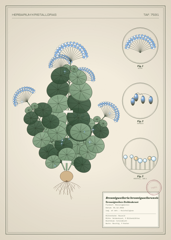 Botanische Tafel: Breunigweileria breunigweilerensis, eine erfundene Pflanze aus Breunigweiler, gezeichnet wie in einem alten Pflanzenatlas