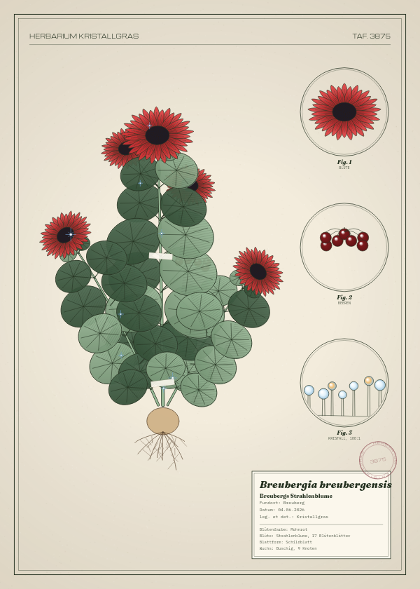 Botanische Tafel: Breubergia breubergensis, eine erfundene Pflanze aus Breuberg, gezeichnet wie in einem alten Pflanzenatlas