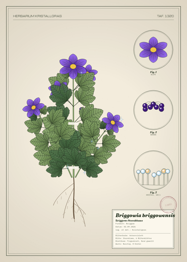 Botanische Tafel: Briggowia briggowensis, eine erfundene Pflanze aus Briggow, gezeichnet wie in einem alten Pflanzenatlas