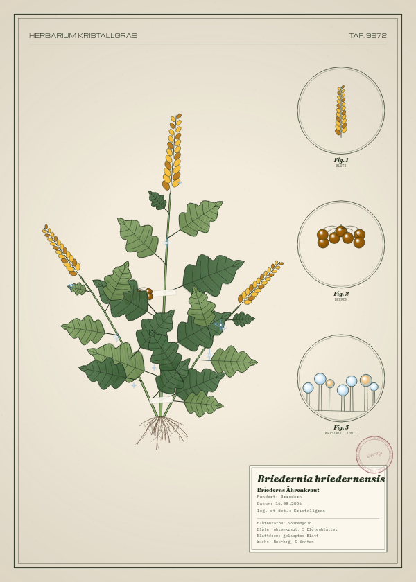 Botanische Tafel: Briedernia briedernensis, eine erfundene Pflanze aus Briedern, gezeichnet wie in einem alten Pflanzenatlas