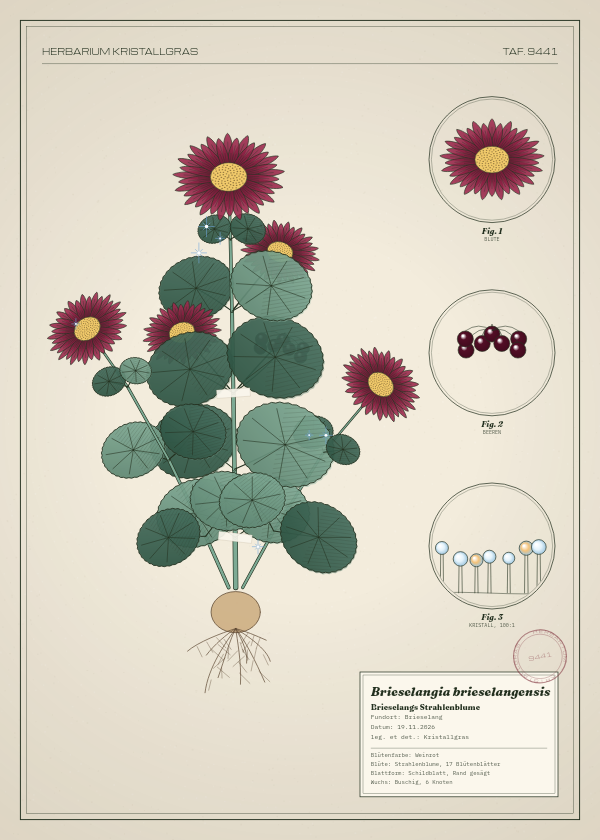 Botanische Tafel: Brieselangia brieselangensis, eine erfundene Pflanze aus Brieselang, gezeichnet wie in einem alten Pflanzenatlas