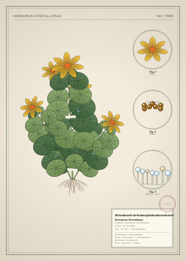 Botanische Tafel: Brieskowia brieskowfinkenheerdensis, eine erfundene Pflanze aus Brieskow-Finkenheerd, gezeichnet wie in einem alten Pflanzenatlas