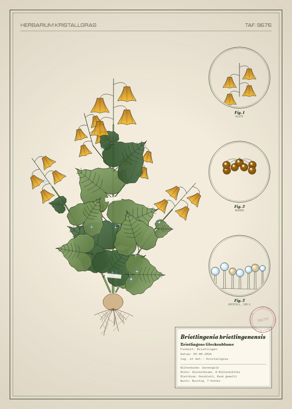 Botanische Tafel: Brietlingenia brietlingenensis, eine erfundene Pflanze aus Brietlingen, gezeichnet wie in einem alten Pflanzenatlas
